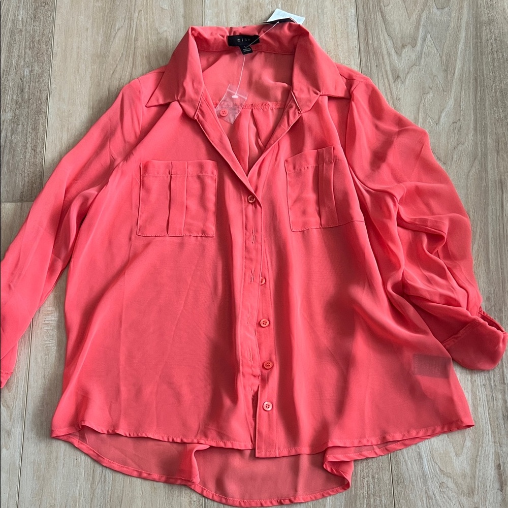 Mine Bright Coral Button-Up Blouse